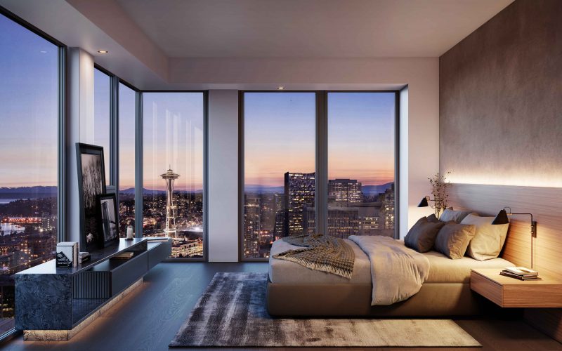 Bedroom with panormaic view of the Seattle skyline
